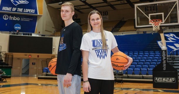 Siblings Clayton and Samantha Moore were three-sport standouts at Mullen High School. Now, they both play basketball at UNK. (Photo by Erika Pritchard, UNK Communications)